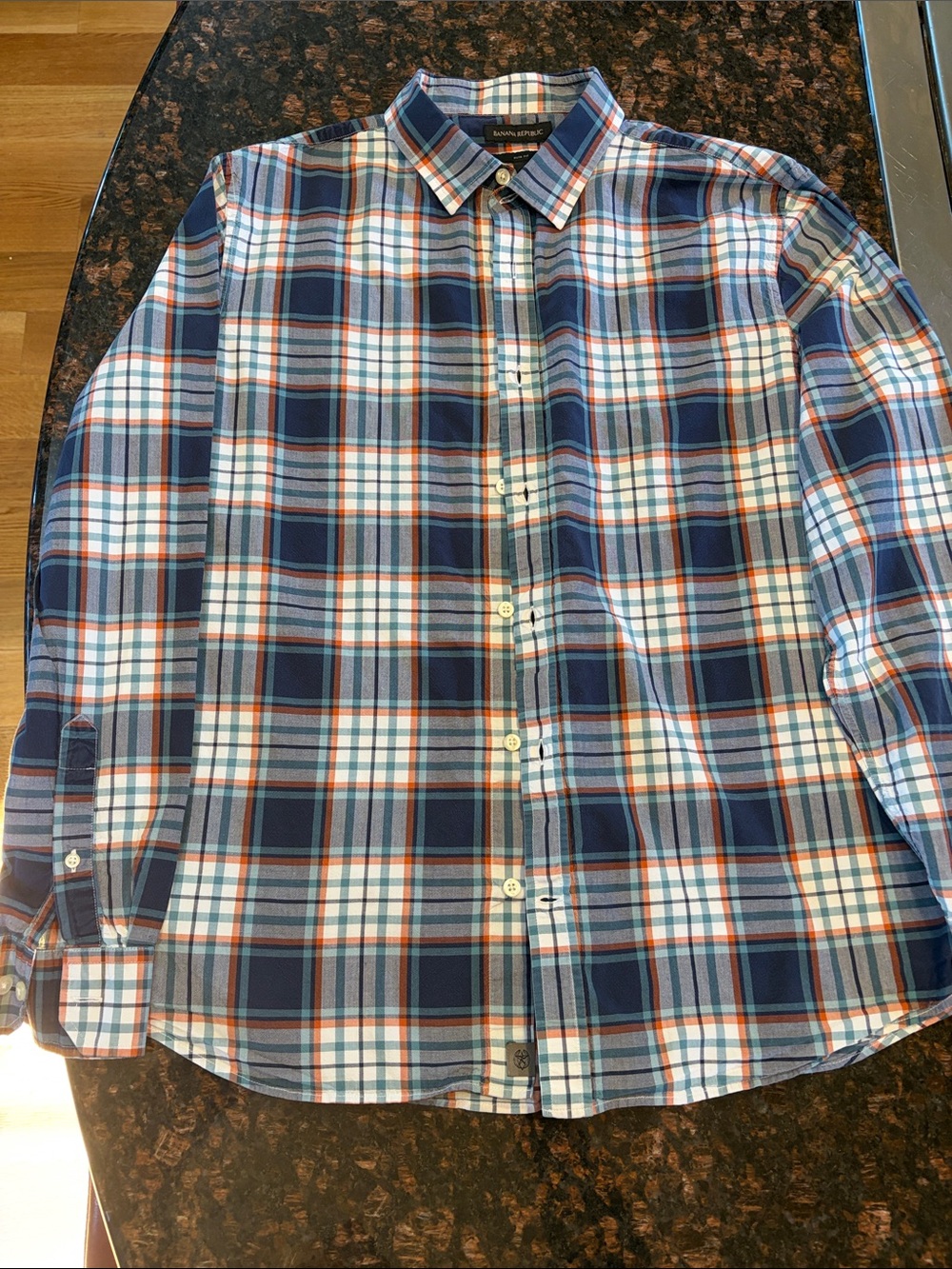 Banana Republic Men's Plaid Button-Down Shirt in Navy, White & Red accents.